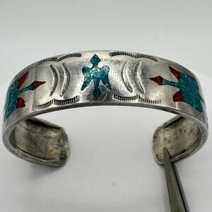 Navajo Native vintage sterling silver turquoise chip inlay cuff bracelet 28.54